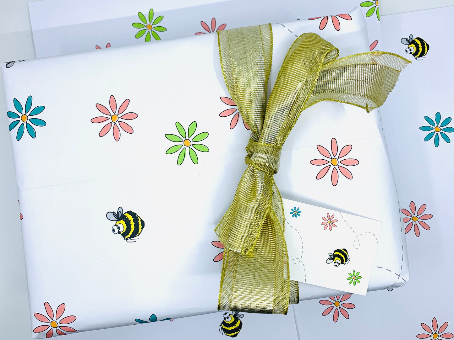 Cute Bumble Bee and Flower Wrapping Paper with FREE GIFT TAG