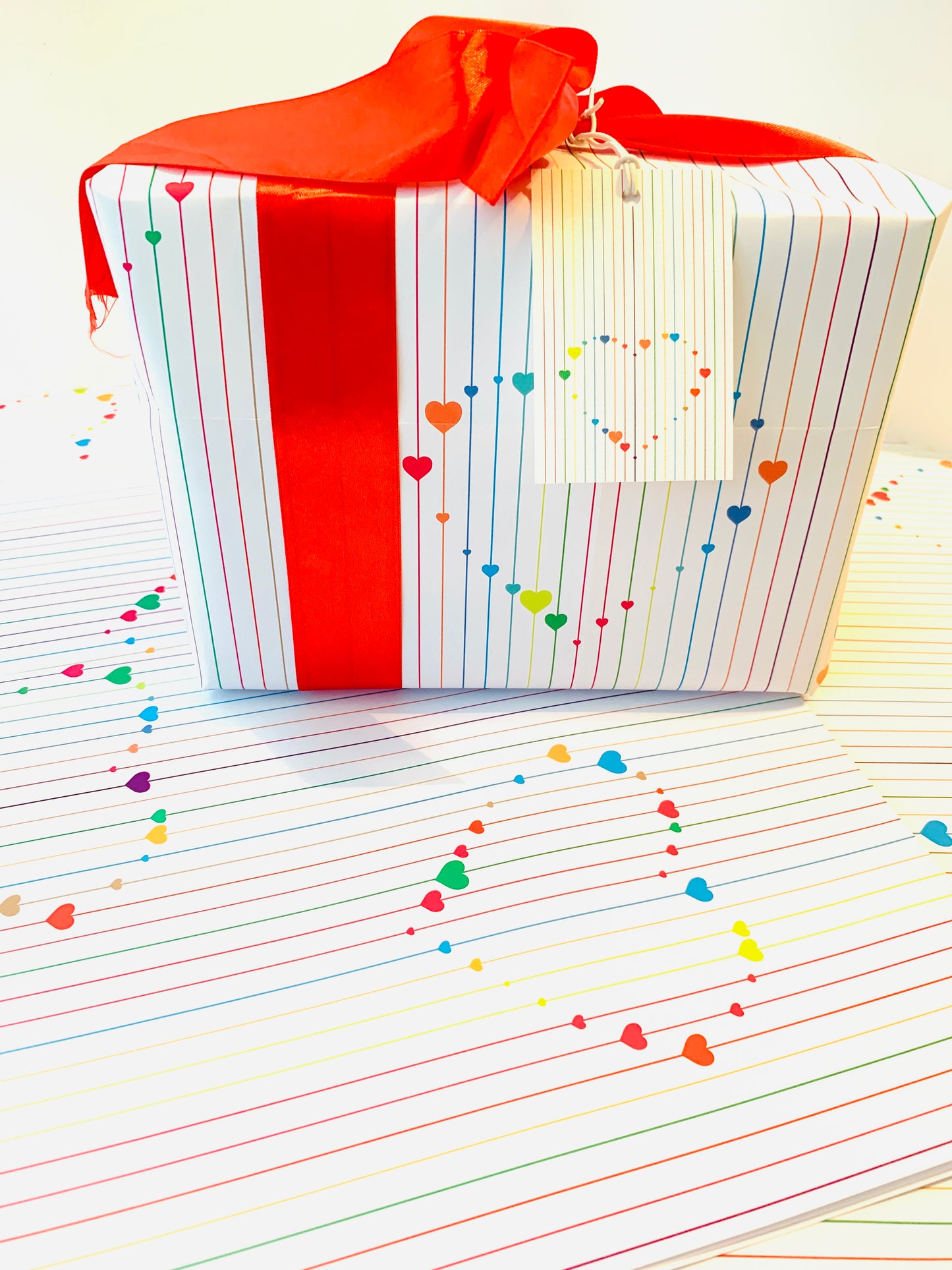 Multi-coloured Hearts and Lines Wrapping Paper with FREE GIFT TAG