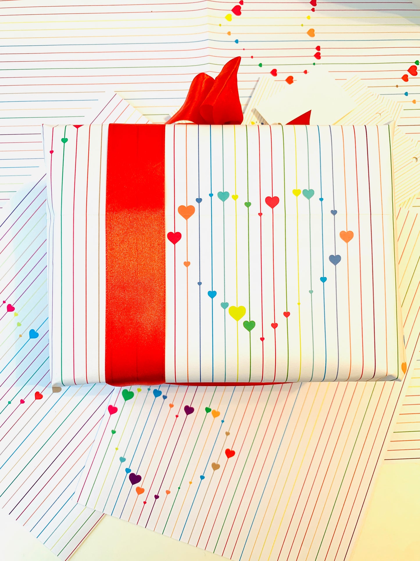 Multi-coloured Hearts and Lines Wrapping Paper with FREE GIFT TAG