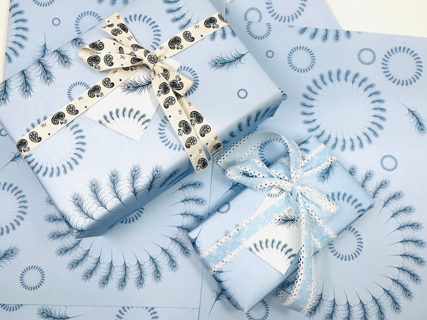Feathers Blue Wrapping Paper with TWO FREE GIFT TAGS