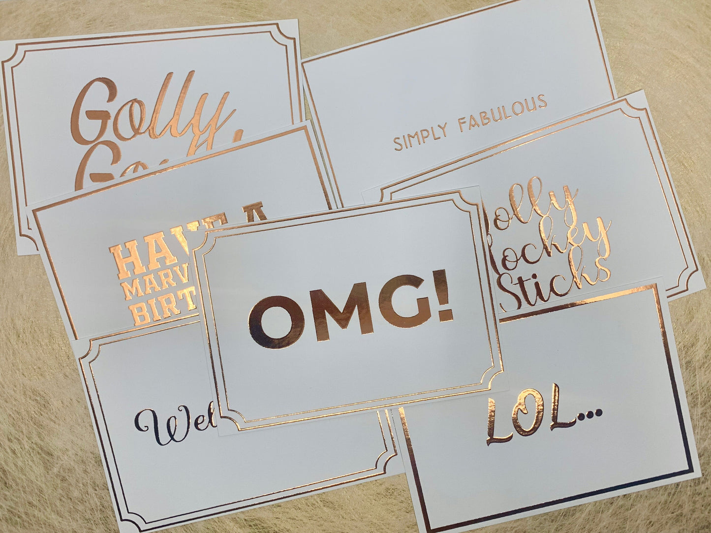 Bronze Foiled Funny Sayings 8 A6 Notecards with Envelopes OMG! LOL and many more!