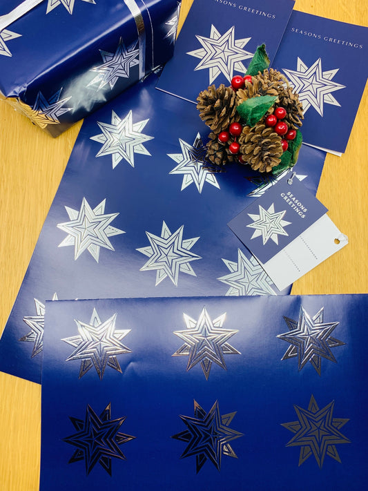Luxury Silver Foil Star Wrapping Paper with FREE Gift Tags