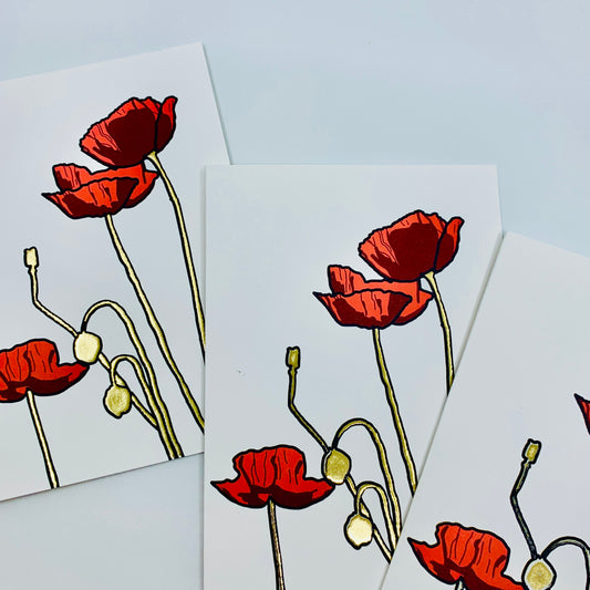 A6 Greetings Card Red Poppies with Gold Foil Stems