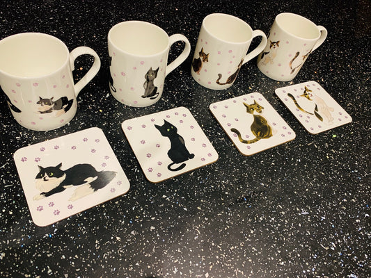 Cute Cat Set of 4 COASTERS with FERGUS, ISLA, POPPY AND LEO