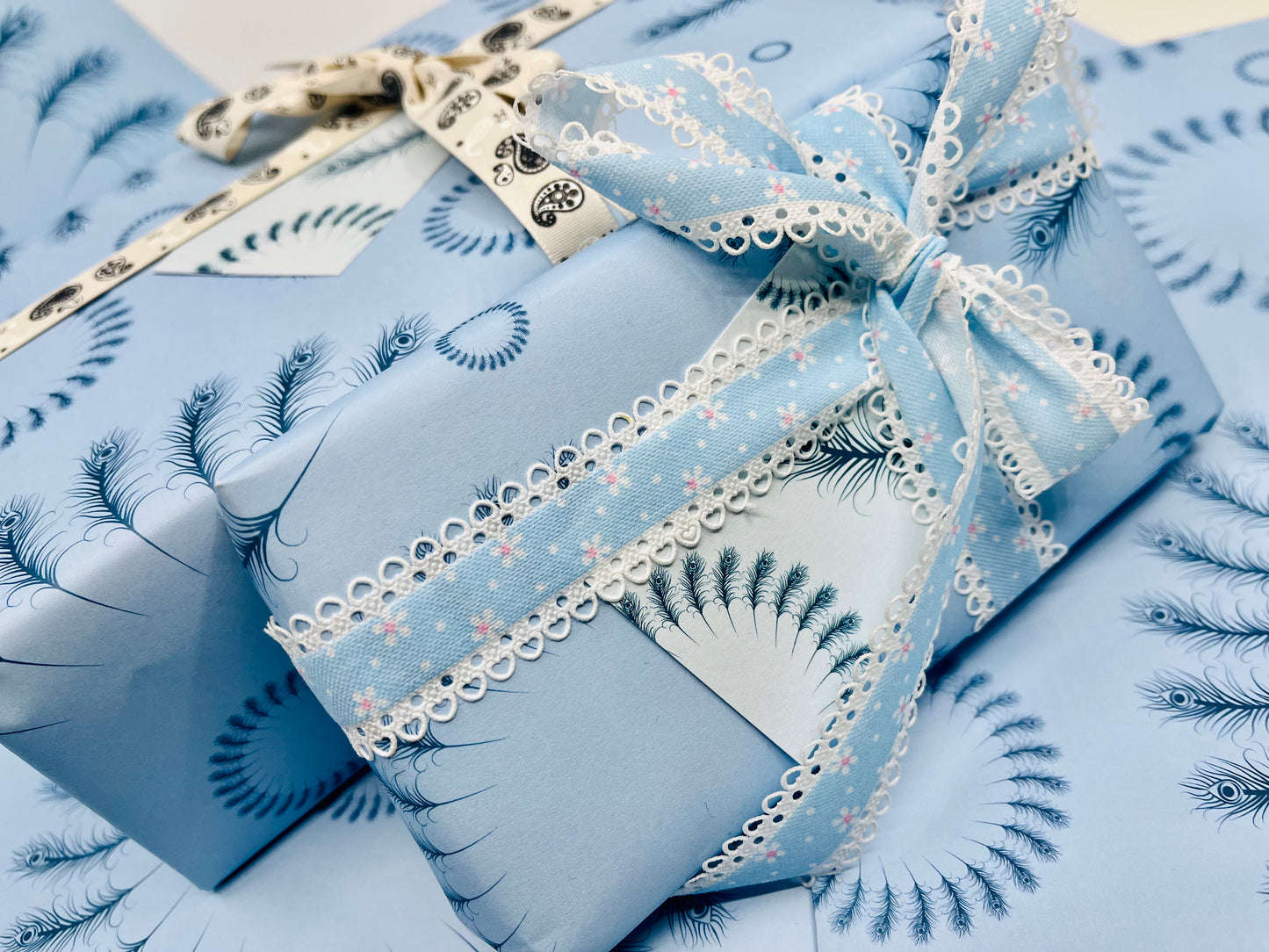 Feathers Blue Wrapping Paper with TWO FREE GIFT TAGS
