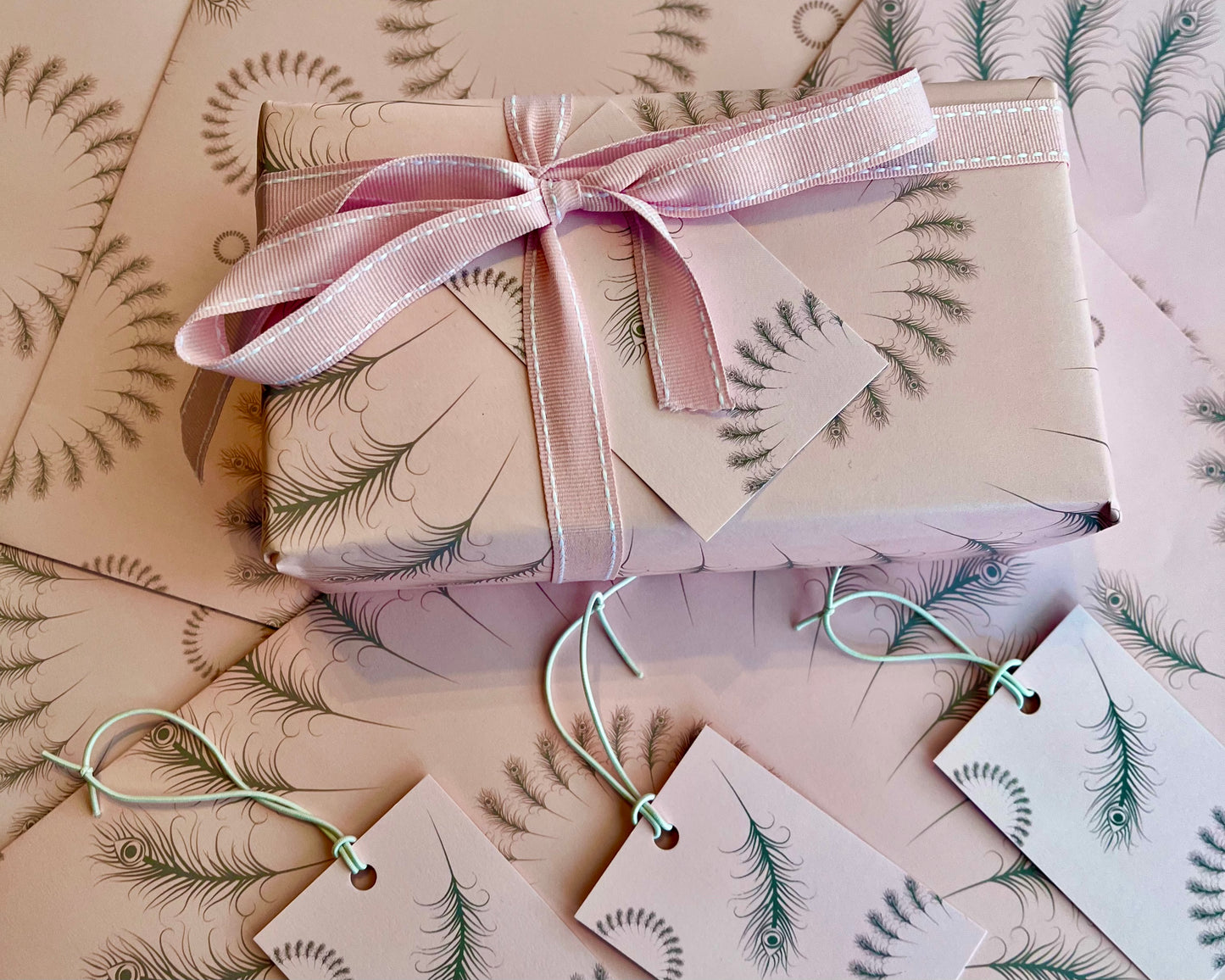 Feathers Pink Wrapping Paper with TWO FREE GIFT TAGS