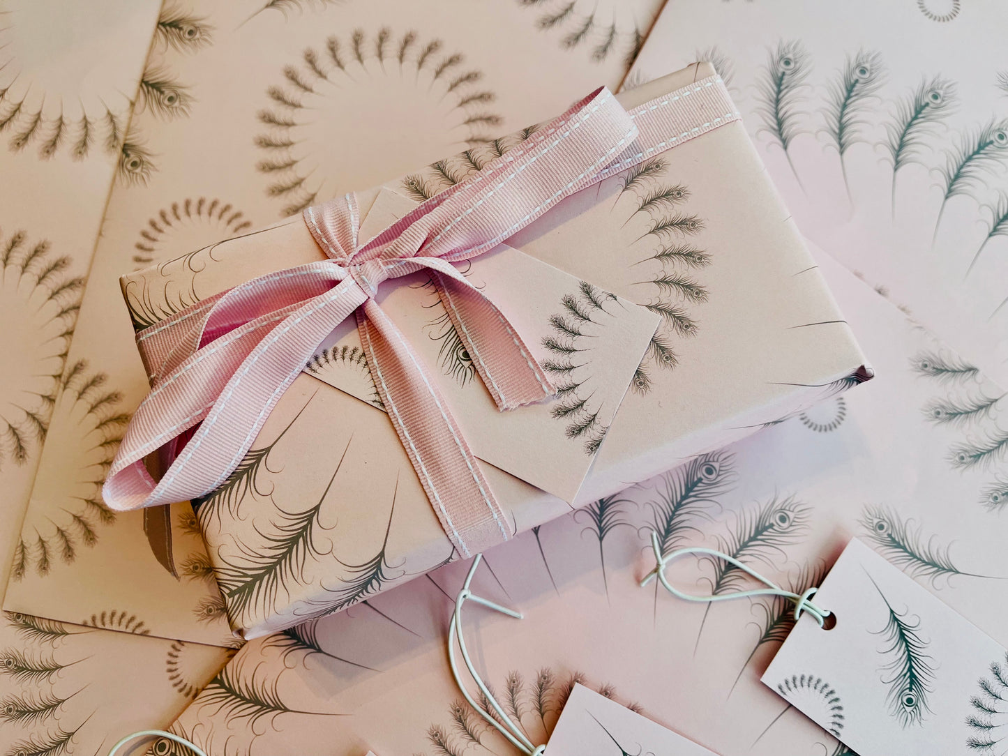 Feathers Pink Wrapping Paper with TWO FREE GIFT TAGS
